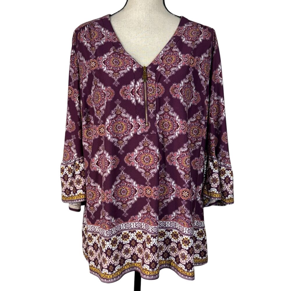 Roz & Ali 2X-Large Top Geometric Stretch 3/4 Bell Sleeve Zip V-Neck Purple Multi